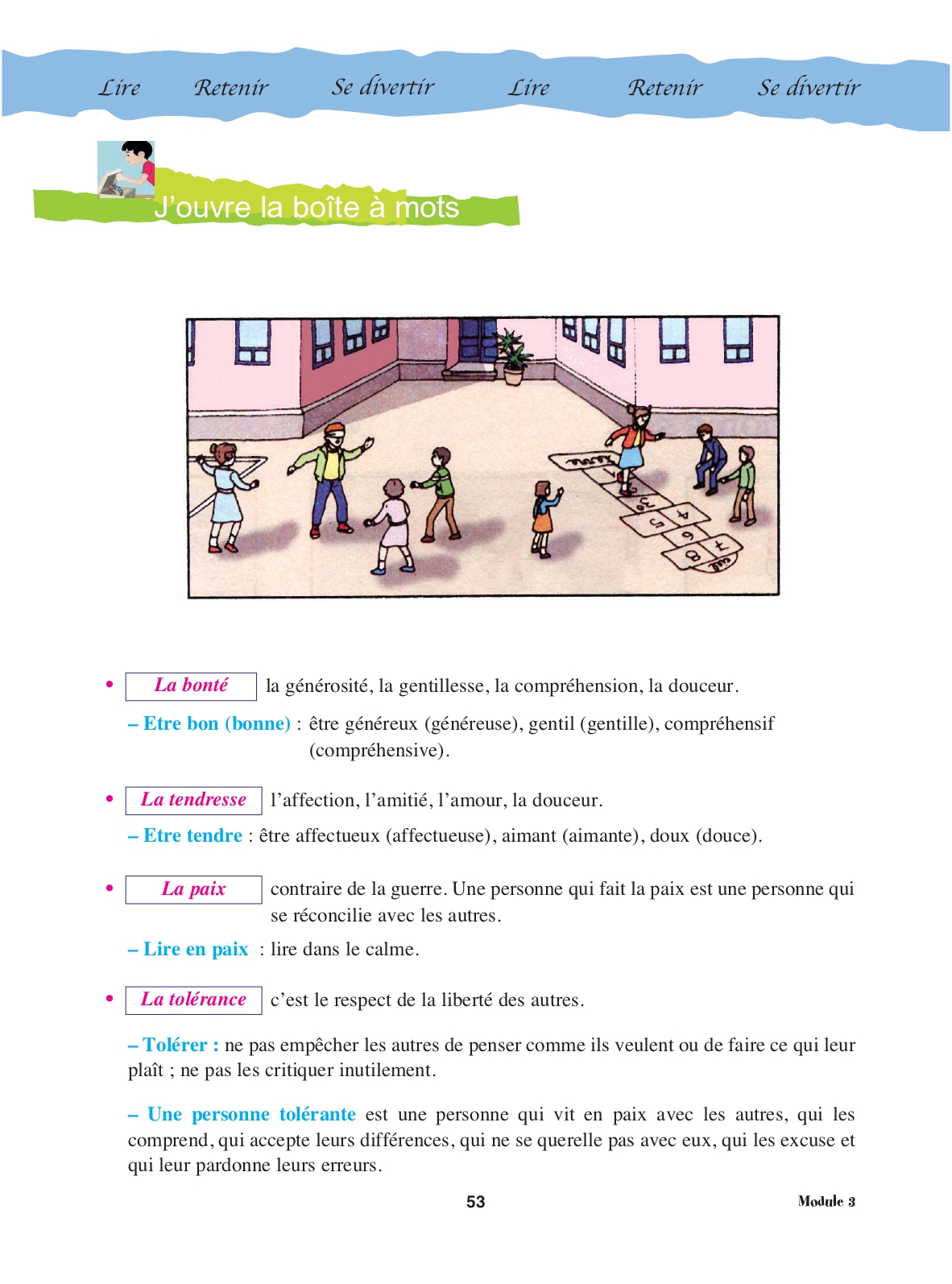 Cahier, page 53 : « J'ouvre la boîte à mots — La bonté, la tendresse, la paix et la tolérance »